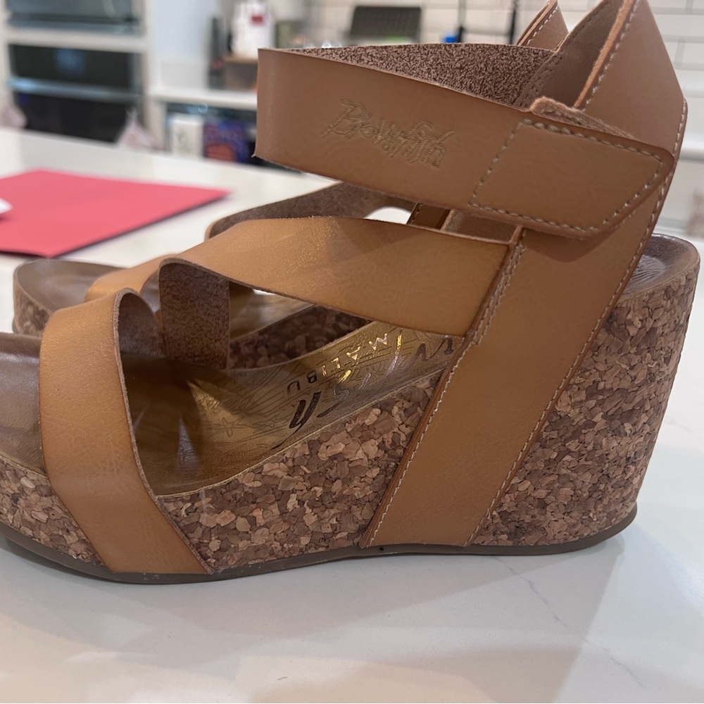 Blowfish Tan Wedge Sandals with Crisscross Straps